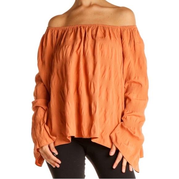 Elizabeth & James Ruched Orange Off Shoulder Long Sleeve Blouse Top Size XL - Picture 3 of 10